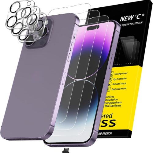 3X for iPhone 14 Pro Max Screen Protector (6.7 inches)+ 3X Camera Lens Protector, Sensor Protection + Dust Plug - Case Friendly Tempered Glass Film, Ultra Resistant