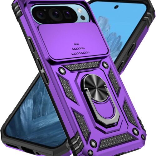 Compatible with Google Pixel 10 / Pixel 10 Pro Case with HD Screen Protector & Slide Camera Cover & Rotated Ring Kickstand, [Military-Grade] Phone Case for Pixel 10/10 Pro, Purple