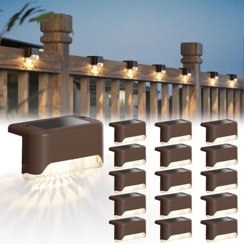 Solar Fence Lights 16 Pack Outdoor Solar Deck Light IP65 Waterproof Solar Step Lights Outdoor Lighting for Garden Deck Fence Railing Stair Patio Yard Pathway, Brown