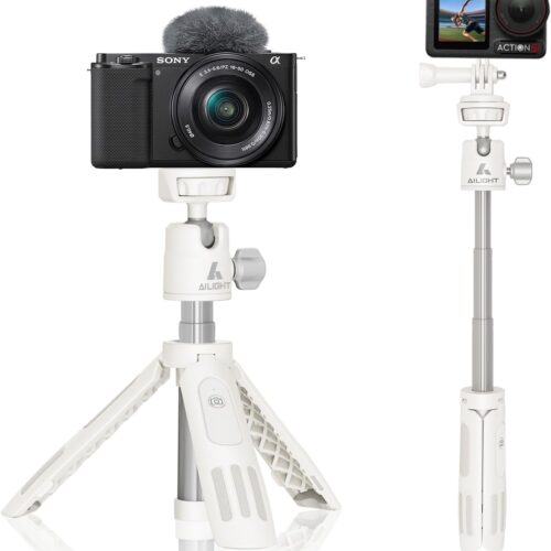 Small Tripod for Camera, 360° Adjustable Ball Head Mini Travel Tripod with Action Camera Adapter, Portable Selfie Stick with Remote for Vlogging, YouTube, Live Streaming (White)