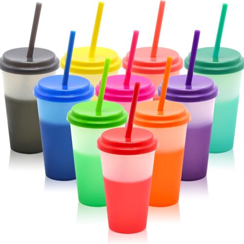 Color Changing Cups 10Pcs 12oz Plastic Tumblers With Lids and Straws for Iced Coffee Smoothie - Reusable Leak Proof Party Cups for Kids