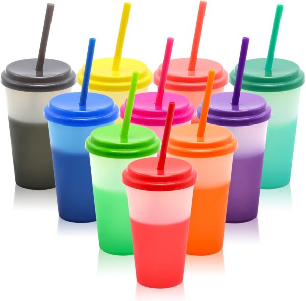 Color Changing Cups 10Pcs 12oz Plastic Tumblers With Lids and Straws for Iced Coffee Smoothie - Reusable Leak Proof Party Cups for Kids 1