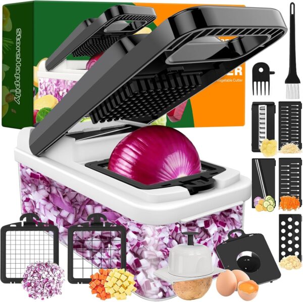 12-in-1 Vegetable Chopper, 7 Blades Veggie Chopper with Container and Lid, Dicer, Slicer, Multifunctional Kitchen Gadgets, Vegetable Cutter with Handle, Onion Cutter(Black/White) 1
