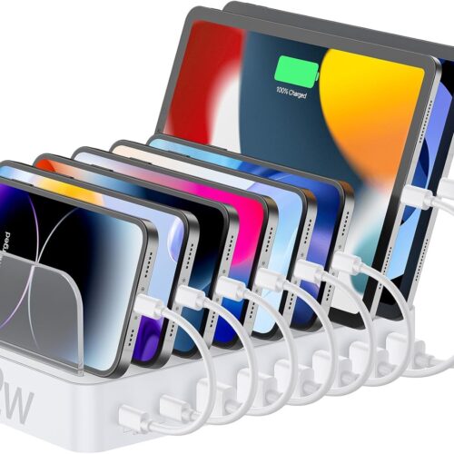 8 Port USB C Charging Station - 2X 20W PD USB-C & 6 USB-A Ports Multi Device Charger Dock for iPad, iPhone, Samsung Tablets White Tablet Organizer & Charger