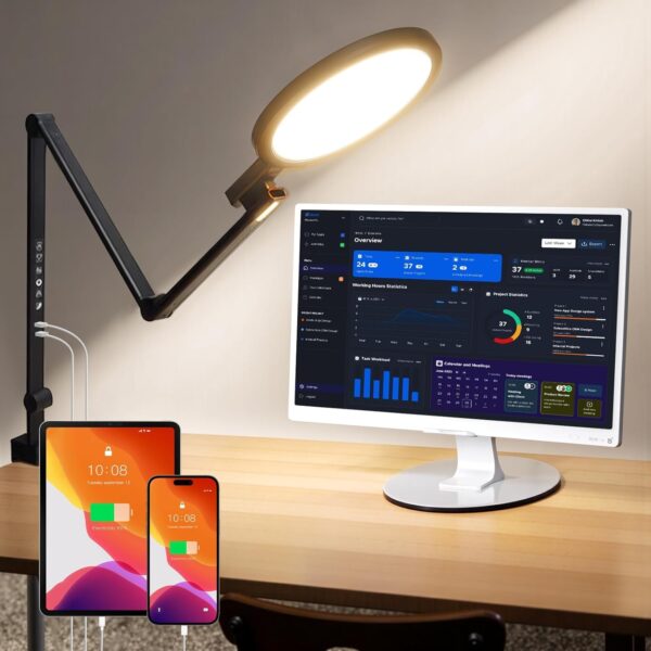 1200LM Desk Lamp with Clamp, Eye Care Desk Lights for Home Office with USB Charging Ports, Flexible Ring Light with Swing Arm for Video Conference Zoom Streaming 1