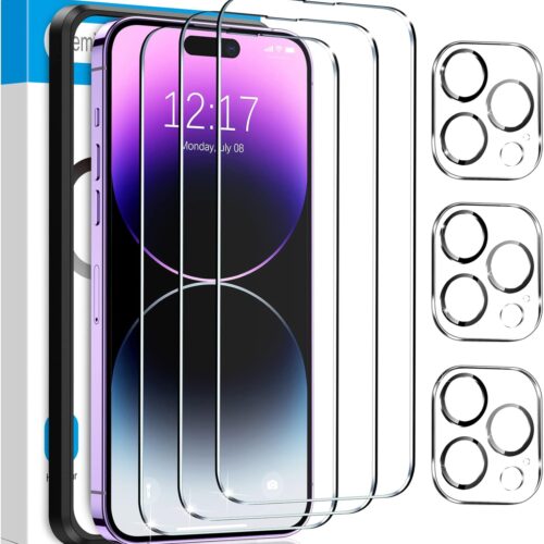 [3+3 Pack] iPhone 14 Pro Max Screen Protector with Camera Lens Protector, 9H Shatterproof Tempered Glass Film with Easy Installation Frame, HD Clear Sensitive Full Coverage 6.7 Inch