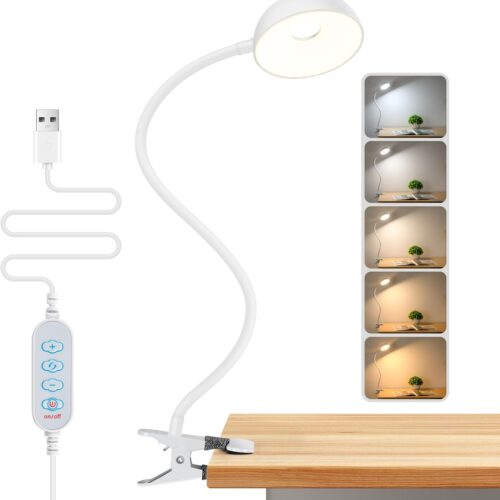 1 【Clip on Lamp】 10-Level Dimming & 5 Color Modes LED Book Light, Flexible Gooseneck Reading Light for Beds, Desks, Headboards - Eye-Friendly Night Light for Kids/Adults (White)
