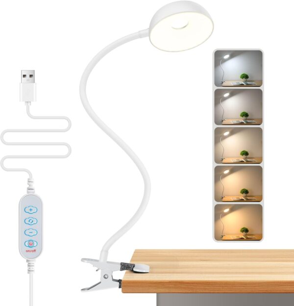 【Clip on Lamp】 10-Level Dimming & 5 Color Modes LED Book Light, Flexible Gooseneck Reading Light for Beds, Desks, Headboards - Eye-Friendly Night Light for Kids/Adults (White) 1 Book Light