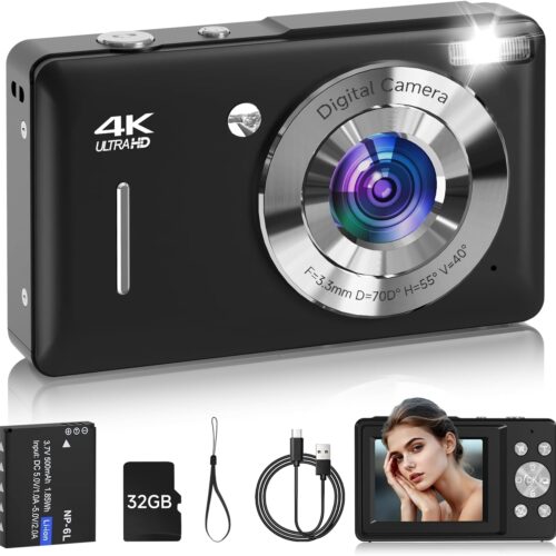 Digital Camera for Kids, FHD 1080P 44MP Point and Shoot Digital Camera with Face Detect, Smile Capture, 18X Zoom, 20 Filters, Anti Shake, 32GB SD Card Blcak Compact Vintage Camera for Kids Boys Girls