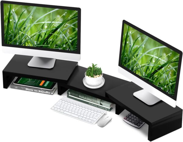 Dual Monitor Stand Riser Office Desktop Organizer Stand for 2 Monitors, Adjustable Length and Angle 3 Shelf, Extra Long Multifunctional Stand up to 43.3" fit Computer, Laptop, TV, Black (Copy) 1 Dual Monitor