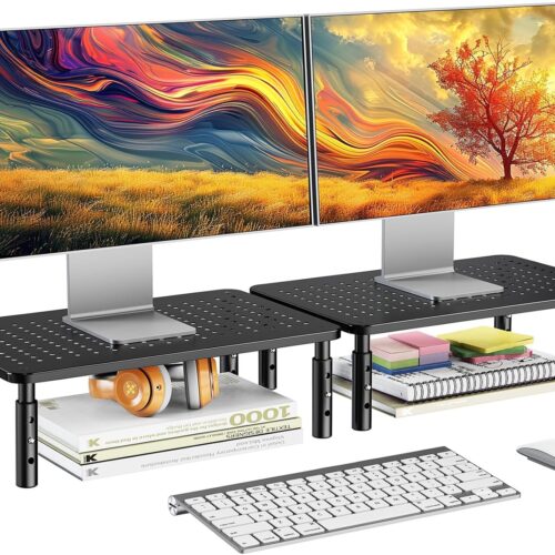 1 Monitor Stand for Desk, Computer Monitor Stand Height Adjustable, Monitor Riser for 2 Monitors, Laptop Stand for Desk, 2 Pack, Black
