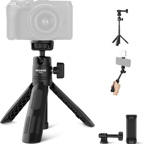 1 Basics Mini Desk Selfie Stick Tripod Compatible with iPhone GoPro Insta360 DJI, Portable Small Camera Webcam Android Cell Phone Holder Ball Head Elevated Axis Video Recording Stand, TP43 Black