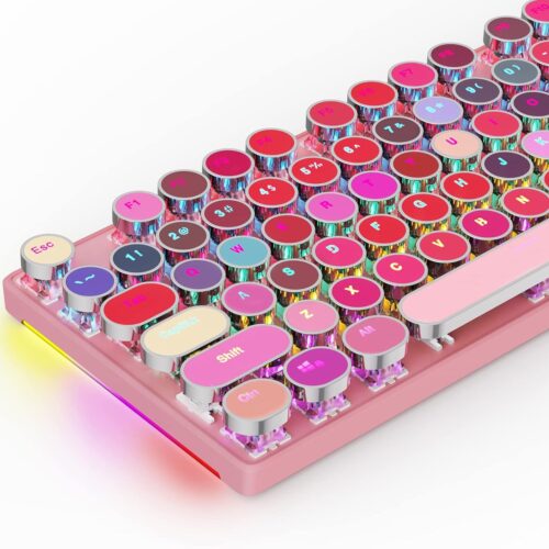 1 Mechanical Gaming Keyboard Typewriter Style with RGB Side Lit and Rainbow Backlit, Retro Style, Blue Switches - Clicky, Metal Panel, Lipstick 104 Keys USB Wired for Mac, PC, Cute Pink