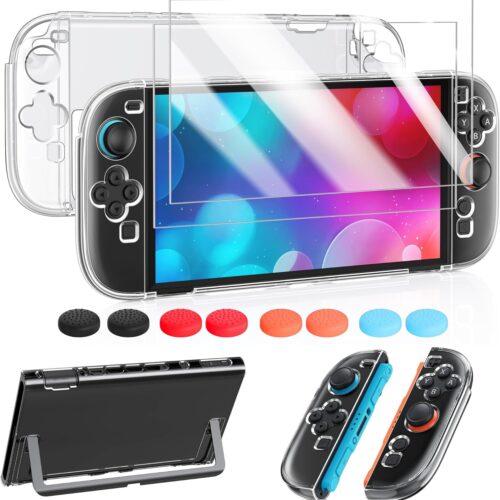 1 Clear Protective Case for Nintendo Switch 2(2025), Transparent Slim Hard Shell for Switch 2 Accessories, Scratch&Shock Protection Cover for Joycon 2 with Screen Protector, 8 Thumb Grip