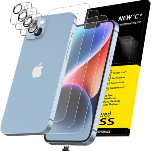 1 3x for iPhone 14 Plus Screen Protector (6.7 inches)+ 3x Camera Lens Protector, Sensor Protection + Dust Plug - Case Friendly Tempered Glass Film, Ultra Resistant