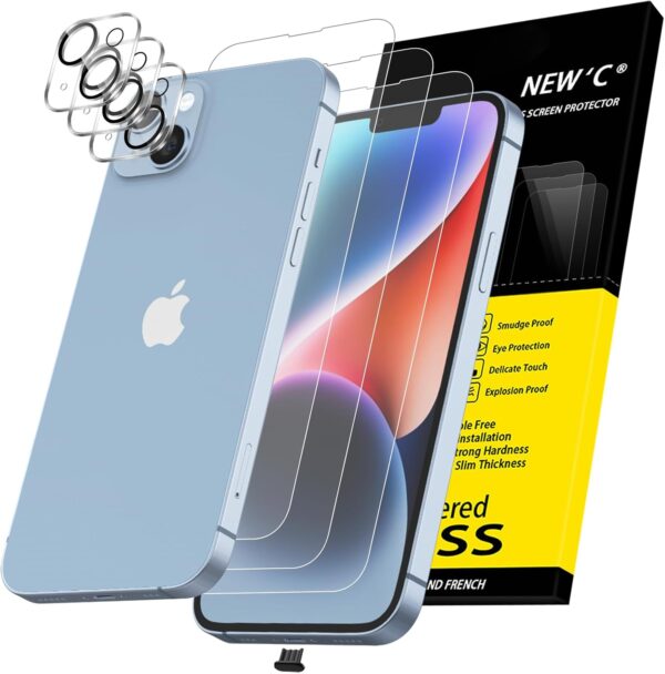 3x for iPhone 14 Plus Screen Protector (6.7 inches)+ 3x Camera Lens Protector, Sensor Protection + Dust Plug - Case Friendly Tempered Glass Film, Ultra Resistant 1