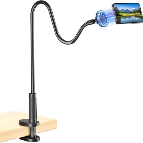 1 Gooseneck Phone Holder for Bed, Magnetic Cell Phone Stand for iPhone 16 15 14 13 12 Pro Max Plus Mini, Flexible Long Arm Mount 360 Adjustable for Desk Bedside Filming