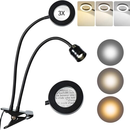 1 Reading Light Reading Book Light in Bed Clip on Headboard, Reading Desk Lamp with 3X Magnifying Glass, Zoomable LED Dimmable Spotlight, Clamp on Desk for DIY, Sewing, Handicraft