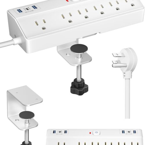 1 Desk Clamp Power Strip, 40W Fast Charging Station, Desktop Mount Surge Protect with 6 Outlets 6USB Ports (2USB C), Removable Power Strip Fits 1.8" Tabletop Edge, 10Ft Extension Cord for Home Office