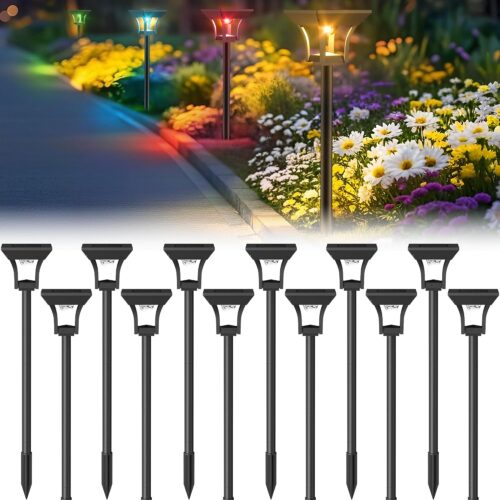 12 Pack RGBCW Solar Pathway Outdoor Lights, 3 Lighting Modes Solar LED Garden Lights, IP65 Waterproof Outside Solar Powered Landscape Lighting for Planter Lawn Pool Balcony RGB/Warm/Cold White