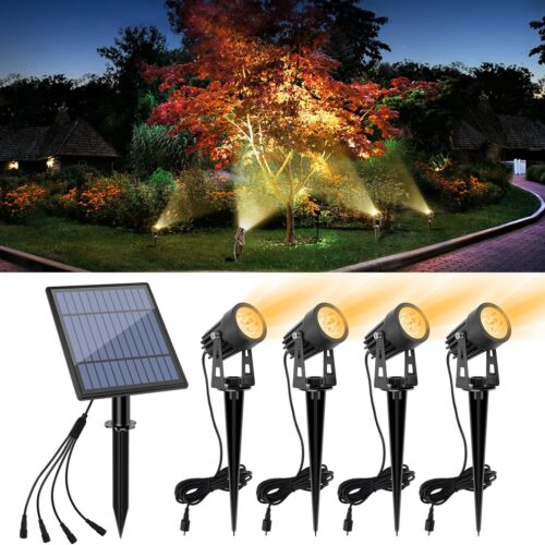 1 Metal Solar Spot Lights Outdoor with 9.8ft Cable Solar Powered Landscape Lighting Low Voltage IP65 Waterproof Auto On/Off for Outside Garden Yard Landscape Pathway Garage-Warm White(4-in-1)