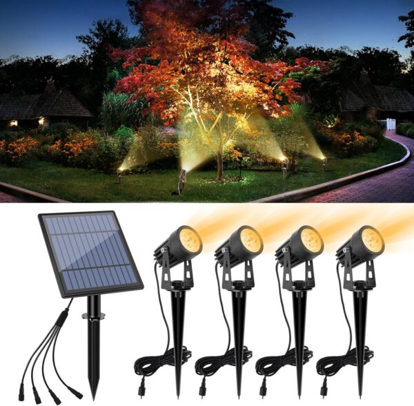 Metal Solar Spot Lights Outdoor with 9.8ft Cable Solar Powered Landscape Lighting Low Voltage IP65 Waterproof Auto On/Off for Outside Garden Yard Landscape Pathway Garage-Warm White(4-in-1) 1