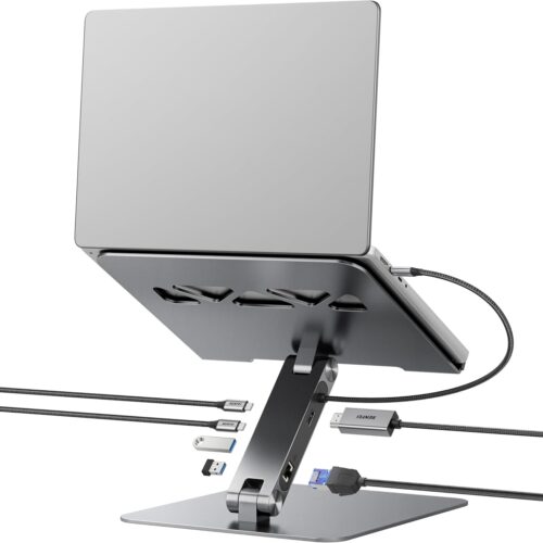 Laptop Stand with USB C 6in1 Docking Station, HDMI 4K@60Hz,Gigabit Ethernet, 100W Power Delivery, 10Gbps 1*USB C 3.2 and 2*USB A 3.2 Compatible with MacBook Pro/Air, iPad Pro, XPS, Thinkpad