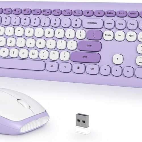Typewriter Wireless Keyboard and Mouse Combo,2.4G Office 104 Keys Full-Sized Retro Punk Keyboard,Cute Black with Round Keycaps for Laptop PC Desktops (Purple White)