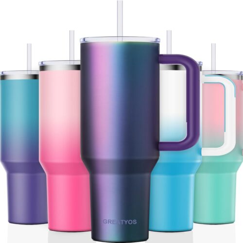 1 40 oz Tumbler with Handle and Straw Lid Insulated Tumblers Cups with Lids Straws Double Wall Vacuum Leak Proof Stainless Steel 40oz Tumbler Travel Mug Gifts for Men Women Him Her (Aurora)