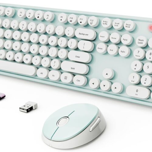 Wireless Keyboard and Mouse Combo, Ergonomic Full Size Typewriter Retro Round Keycaps Keyboard, Compatible with Windows, PC, Perfer for Home and Office Keyboards（Green）