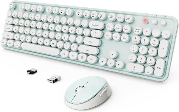 Wireless Keyboard and Mouse Combo, Ergonomic Full Size Typewriter Retro Round Keycaps Keyboard, Compatible with Windows, PC, Perfer for Home and Office Keyboards(Green) 1