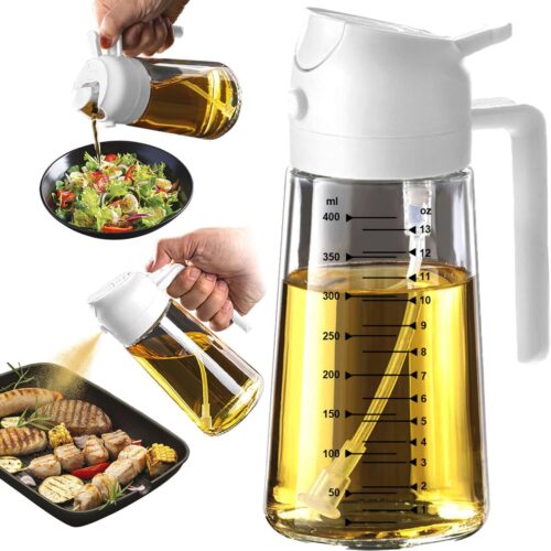 1 16oz/470ml Glass Olive Oil Sprayer for Cooking – 2 in 1 Olive Oil Dispenser Bottle for Kitchen Gadgets and Air Fryer Accessories, Salad, BBQ - White