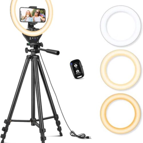 1 10'' Ring Light with 50'' Extendable Tripod Stand, LED Circle Lights with Phone Holder for Live Stream/Makeup/YouTube Video/TikTok, Compatible with All Phones