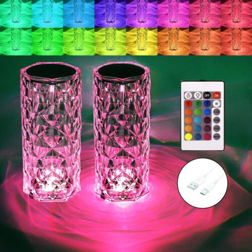 1 Crystal Table Lamp RGB Color Changing Night Lights (2 Pack) Crystal Rose Diamond Touch Lamp for Bedroom Living Room Decor (Remote & Touch Control)
