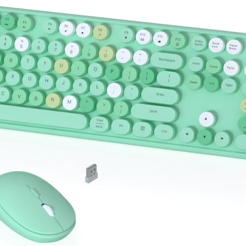 1 Colorful Wireless Keyboard and Mouse Combo, COVEVA 2.4GHz Wireless Retro Cute Round Keycaps Keyboard, 104 Keys Full-Sized Keyboard Mouse Set with Switch Button for PC Laptop Desktop (Green Colorful)
