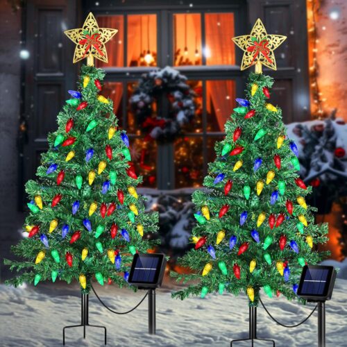1 Solar Christmas Trees Decorations, Solar Powered Xmas Tree Lights Outdoor Waterproof with 50 LEDs and 8 Modes for Yard, Lawn, Pathway, Garden, Front Porch, Cemetery, Graveside Decor (2 Pack)