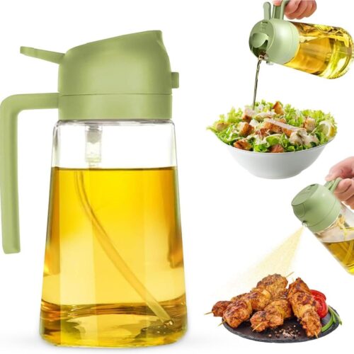 1 2-in-1 Olive Oil Dispenser Bottle, Spray and Pour, Multi-Use Kitchen Gadget, Food-Grade, Salad Dressing, Air Fryer, Healthy, BBQ, Barbecue (Green)