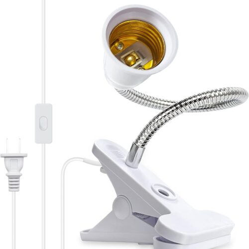 1 Flexible Aluminum Neck Clip Lamp Holder, 360Adjustable Socket, E26/E27 Clamp Light Fixture with 220 CM Switch and Plug Cable, Desk Lamp Holder for Study Work Read, No Bulb
