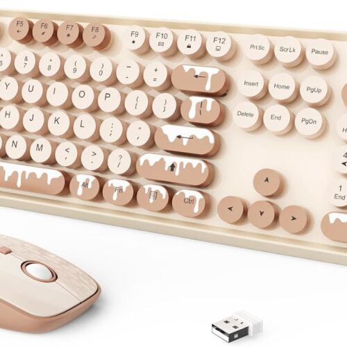 1 Wireless Keyboard and Mouse Combo, 2.4 GHz Wireless Full-Sized Typewriter Keyboard with Round Keycaps for Windows, Computer, Desktop, PC, Laptop (Ice Cream)