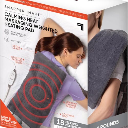 1 Calming Heat Massaging Weighted Heating Pad by Sharper Image- Weighted Electric Heating Pad with Massaging Vibrations, 9 Settings- 3 Heat, 6 Massage- 18 Relaxing Combinations, 12” x 24”, 4 lbs