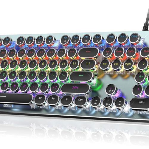 Typewriter Style Mechanical Gaming Keyboard, Metal Panel, Retro Punk Round Keycaps, Clicky Blue Switch, Rainbow LED Backlit, 104 Keys Wired Keyboard, Round Keycaps for PC Laptop Mac Gamer