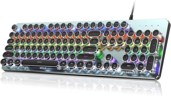 Typewriter Style Mechanical Gaming Keyboard, Metal Panel, Retro Punk Round Keycaps, Clicky Blue Switch, Rainbow LED Backlit, 104 Keys Wired Keyboard, Round Keycaps for PC Laptop Mac Gamer 1