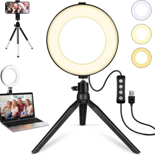 2 in 1 LED 6" Ring Light with Tripod Stand & Clamp for YouTube Video & Makeup, Mini LED Camera Light with Cell Phone Holder, 3 Light Modes & 11 Brightness Levels, Black