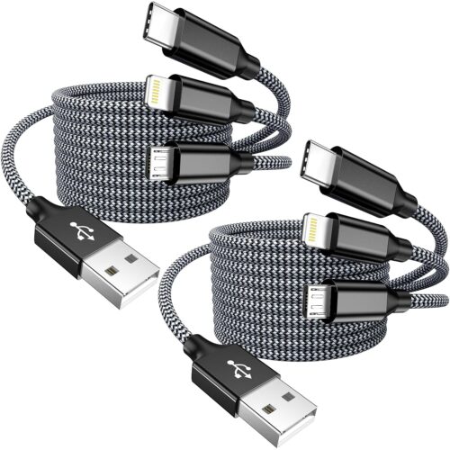 Multi Charging Cable 4ft 2Pack USB Charger 3 in 1, Multi iPhone Charger Cable Nylon Braided Apple MFi Certified USB Fast Charging Cord with Type-C/USB C Micro Lightning for Phone iPad iPhone Tablet