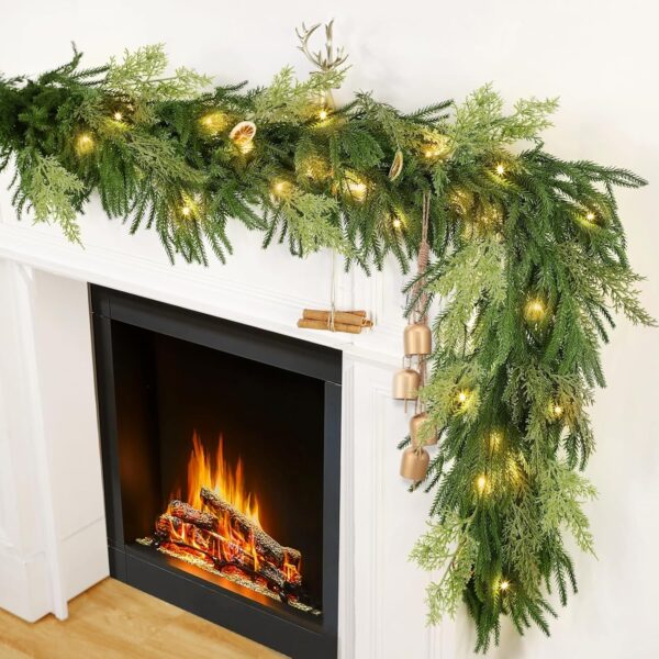 Prelit & Timer - 6 Ft by 10 Inch Christmas Garland with Lights, Real Touch Norfolk Pine Garlands Cedar Garland Artificial Realistic Soft Thickness 120 Pine Cypress Tips for Mantle Table Stairs Railing 1