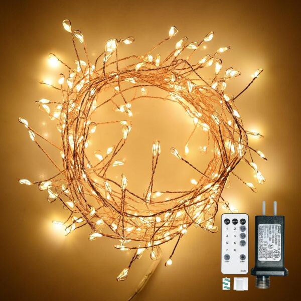 Fairy Lights Plug in, 200 Led Twinkle String Light with Remote 10Ft 8 Modes Warm Cluster Lights with Timer for Bedroom Wreath Party Window Wedding Christmas Tree Decoration Gold Wire 1