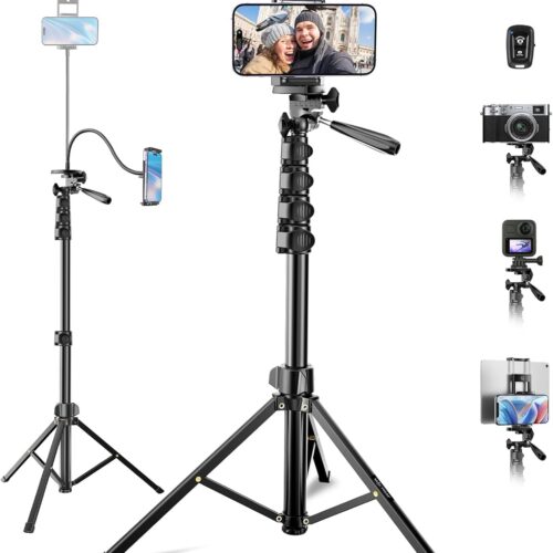 85" Phone Tripod Stand with Flexible Gooseneck & Remote, Overhead Tripod & Selfie Stick with Phone Holder for iPhone Android Cell Phone & Camera for Selfies/Video Recording/Vlogging