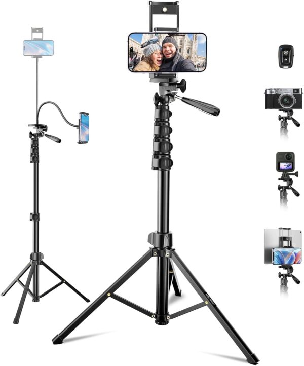 85" Phone Tripod Stand with Flexible Gooseneck & Remote, Overhead Tripod & Selfie Stick with Phone Holder for iPhone Android Cell Phone & Camera for Selfies/Video Recording/Vlogging 1
