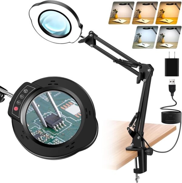 10X Magnifying Glass with Light, 5 Color Modes Stepless Dimmable LED Desk Lamp, Hands Free Lighted Magnifying Glass for Close Work Reading Craft Hobby 1