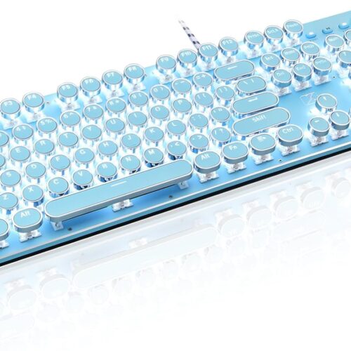 Typewriter Style Retro Mechanical Gaming Keyboard, Vintage Steampunk with White LED Backlit, Wired 104-Key Blue Switch Cute Keyboard, Round Keycaps Knob Control for PC/Laptop/Mac (Blue)
